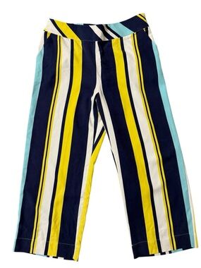 Silk Coastal Stripe Wide Leg Crop Pants Petite XL Blue Yellow Resort Chic